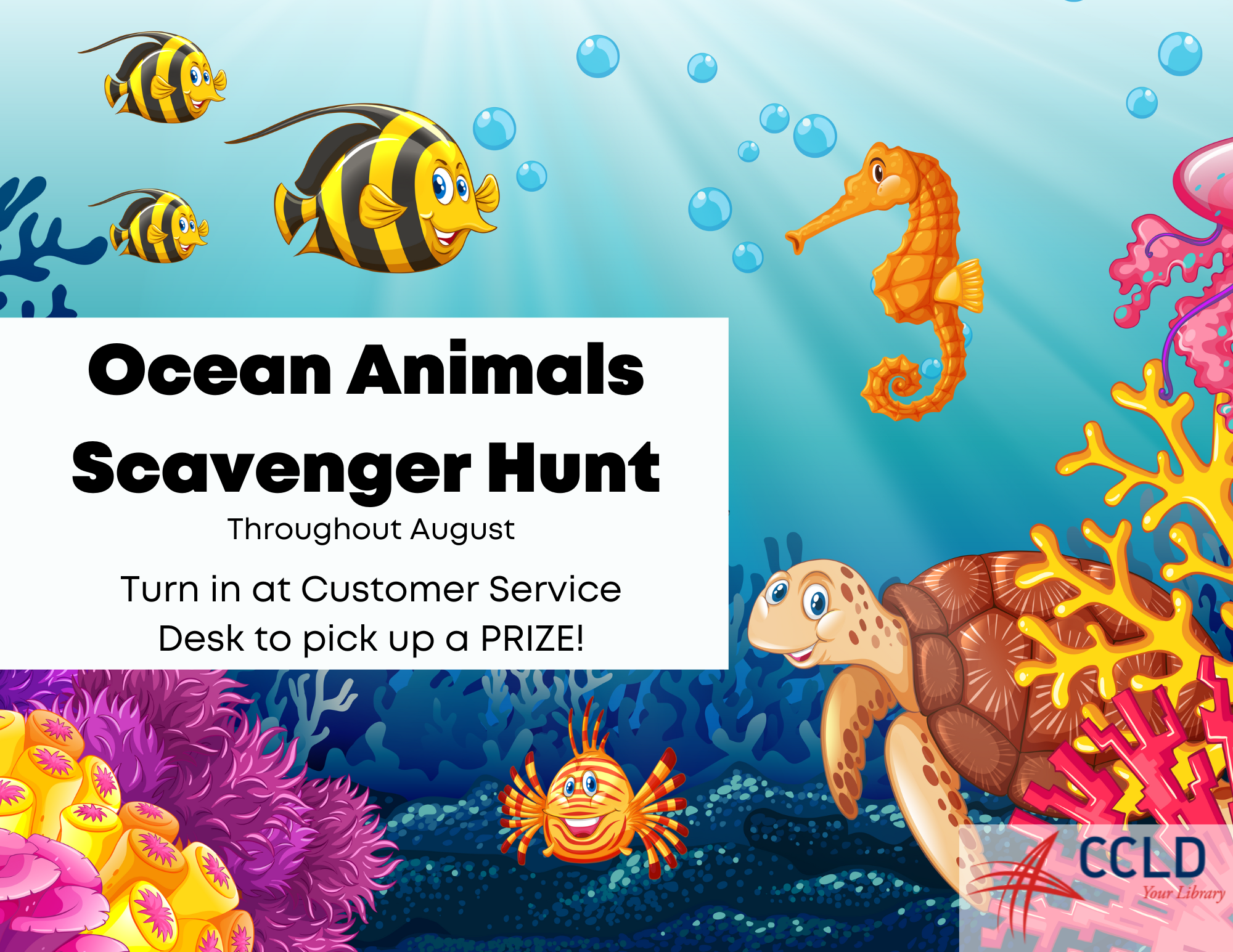 Come to the Steele Memorial Library Children's Department throughout August to participate in our Ocean Animals Scavenger Hunt.

Pick up you Scavenger Hunt in the Children's Department and turn it in at the Customer Service desk near the exit to pick up your prize!